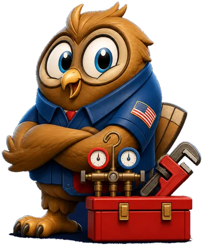 American PHC owl mascot in technician uniform with toolbox and HVAC gauges